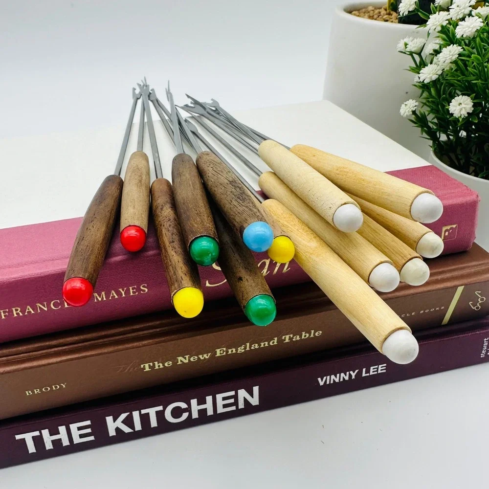 Vintage Mixed Wood Handle Fondue Forks Lot of 13 Mid Century MCM‎ Skewers